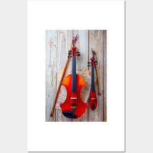 Pocket Violin With Baroque Hanging On Wooden Wall Posters and Art